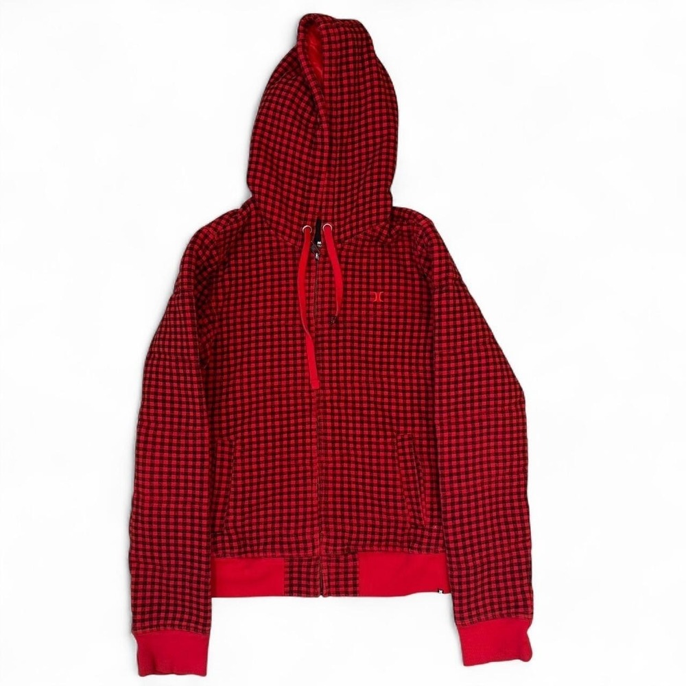 Vintage Hurley Plaid Quilted Full Zip Hoodie Women's Size Medium Skater Goth Y2K